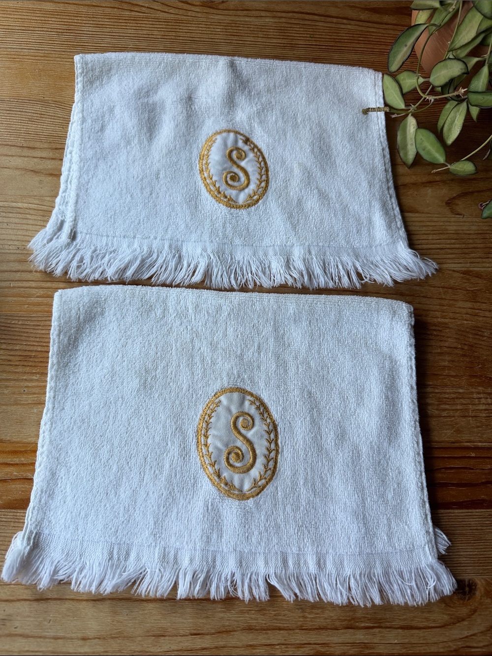 Vintage “S” Monogrammed White Fringed Hand Towels with Gold Embroidery